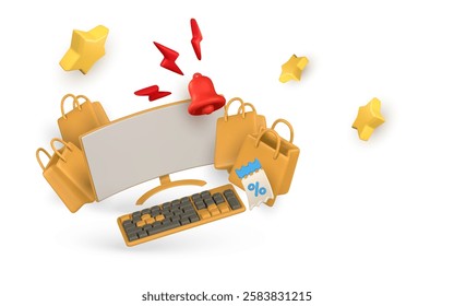 3d ecommerce concept. Laptop, shopping bags, discount, promotion, sale. Vector illustration.