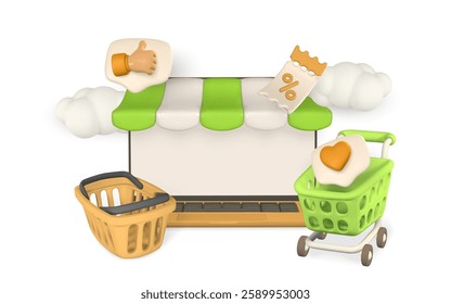3d ecommerce concept. Laptop, shopping bags, cart, discount, promotion, sale. Vector illustration.