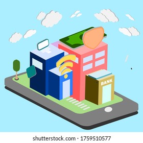 3D-E-Commerce-Bauart, Vektorgrafik mit blauem Hintergrund