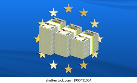 3D economic poster with EU wavy flag. Bundles of paper money with a face value of 200 euros. Large stacks of banknotes. EPS 10