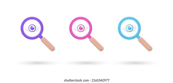 3d editable illustration eye and magnifying glass icon purple, pink and blue, 3d, vector, suitable for web illustrations, hero pages, landing pages.