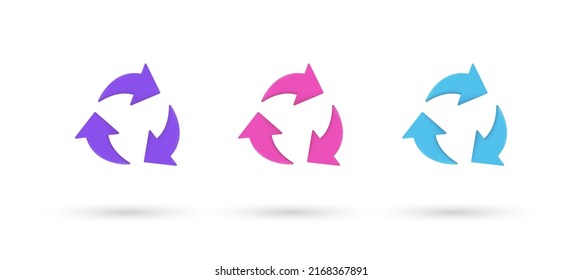 3d editable illustration recycle purple, pink and blue, 3d, vector, suitable for web illustrations, hero pages, landing pages. 3d vector symbol of recycling and arrow rotation.