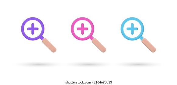 3D Editable Zoom In Icons purple, pink and blue, 3d, vector, suitable for web illustrations, hero pages, landing pages. Magnifying search icon. 3D trendy design.