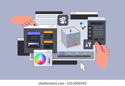 3D Editor Programm-Schnittstelle mit Händen. Grosses Dashboard für Modulationsmöglichkeiten. Vektorgrafik

