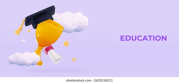 3d Education Concept Graduation hat over golden trophy Study learning back to school Study award, achievement in education