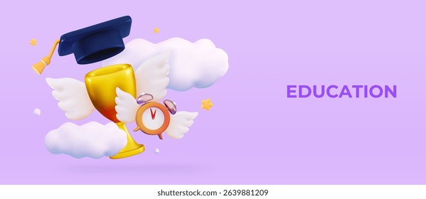 3d Education concept Graduation hat over golden trophy Study learning back to school Study award, achievement in education
