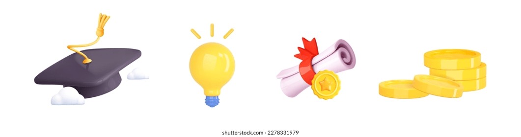 Iconos de educación 3d. sombrero de graduado, diploma de certificado, bombilla, caja de dinero. Concepto de educación. Objetos gráficos aislados. Ilustración vectorial de dibujos animados