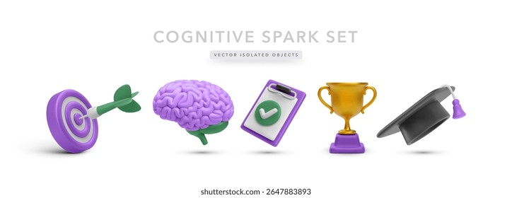 3D Education Icons With Target, Brain, Checklist, Trophy, And Graduation Cap In Purple And Gold Tones. Perfect For Learning, Memory Training, Or Academic Goals. Vector Illustration.