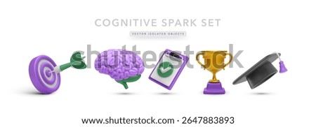 3D Education Icons With Target, Brain, Checklist, Trophy, And Graduation Cap In Purple And Gold Tones. Perfect For Learning, Memory Training, Or Academic Goals. Vector Illustration.
