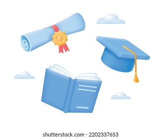 3d Education, learning courses concept. Graduate cap, diploma and book. University, college or school graduation Vector illustration.