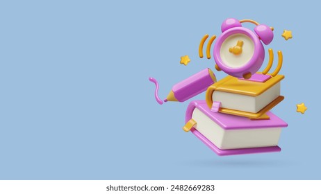 Educación 3D y fondo escolar con libros, reloj despertador, lápiz y estrellas. Vector realista tridimensional aprender y estudiar objetos plásticos voladores y espacio de copia para el texto.