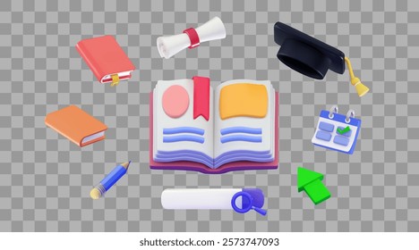 3D Educational Set Open book with Search bar with Magnifying glass, Graduation Hat, calculator and calendar Search book or literature concept 