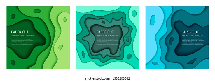 3d effect abstract background. Colorful cut out paper, set of 3 vector design templates.