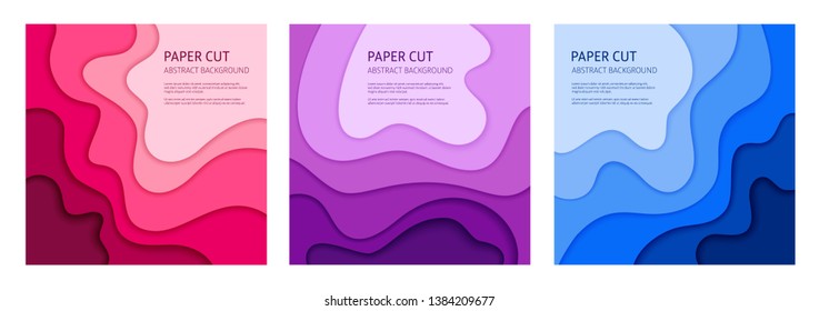 3d effect abstract background. Colorful cut out paper, set of 3 vector design templates.