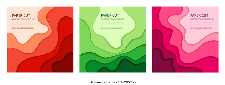 3d effect abstract background. Colorful cut out paper, set of 3 vector design templates.