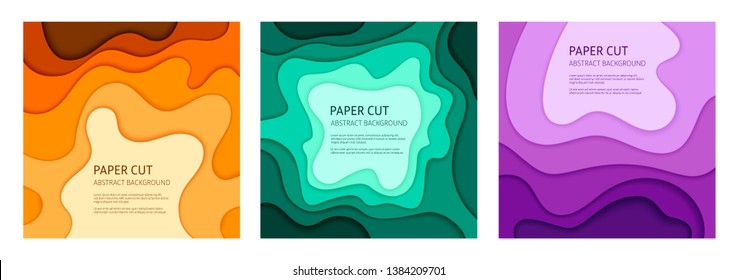 3d effect abstract background. Colorful cut out paper, set of 3 vector design templates.