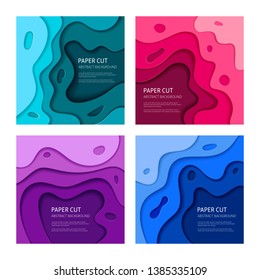 3d effect abstract background. Colorful cut out paper, set of 4 vector design templates.