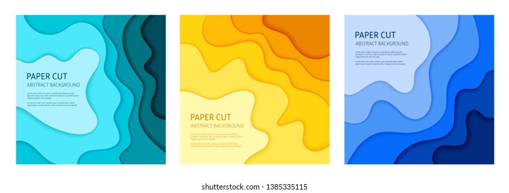 3d effect abstract background. Colorful cut out paper, set of 3 vector design templates.