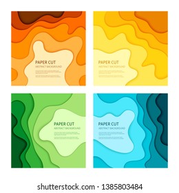 3d effect abstract background. Colorful cut out paper, set of 4 vector design templates.