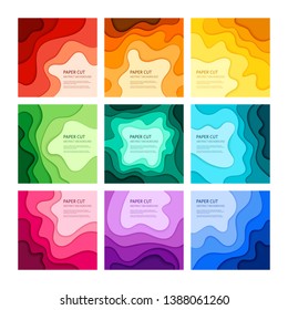3d effect abstract background. Colorful cut out paper, set of 9 vector design templates.