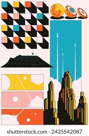3D Effect Abstract Poster Template, Skyscrapers, Launching Space Rockets, Abstract Surface, Planetary Core, Geometric Shapes 