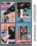 3D Effect Abstract Space Posters. Spacecraft, Astronaut, Desert Planet, Jupiter, Saturn, Earth, Martian Panorama. Abstract Geometric Shapes Backgrounds 