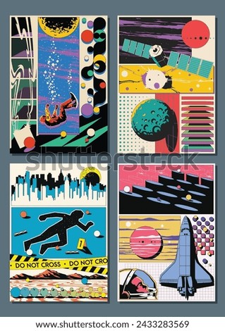 3d Effect Abstract Space Posters. Astronaut, Spacecraft, Space Probe, Cityscape, Landscape Panorama, Abstraction Backgrounds 1980s Colors 