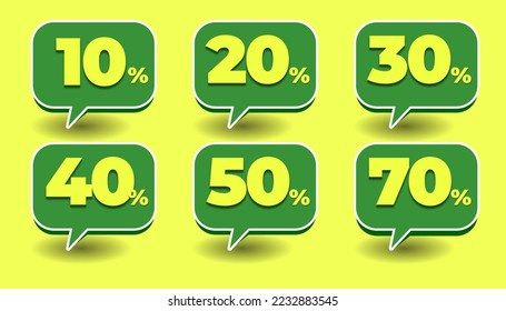 3D effect bundle of Discount 10%, 20%, 30%, 40%, 50%, 70% bubble green and Yellow Style sale promote flash