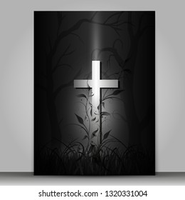 3d effect cross vector mourning card isolated on grey background