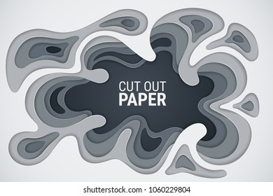 3D effect of cut paper. Vector abstract background. White, gray and dark gray wavy layers with a shadow and glare. Smooth geometric lines. Origami design template. Layer carving art. 