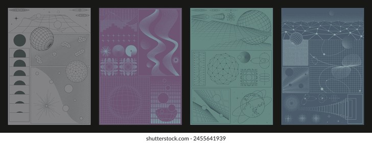 3D Effect Digital Objects for Technology, Science, Space Posters, Illustrations or Covers. Vector Backgrounds with Abstract Elements, Mesh, Grid, Surface