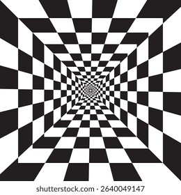 3d effect Dive into a visually striking black and white optical illusion with this captivating checkerboard pattern. This design features a spiraling effect that draws the viewer's eye into the depths