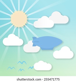 3d effect drawing of an airship in a sunny sky This file is vector EPS10. It uses gradient mesh, clipping mask and transparencies. 