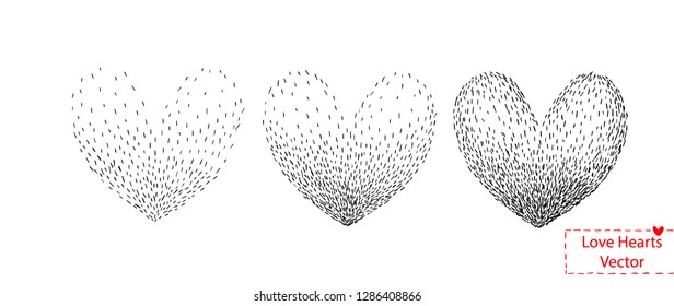 3D effect hand drawn hearts. 3 level of volume depth cute love heart shapes. Vector illustration