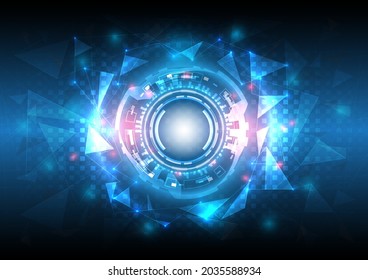 3D effect neon light. Futuristic Sci-Fi glowing HUD circle element. Abstract hi-tech background. Hologram particle of head-up display interface. Virtual reality technology of computer engineer