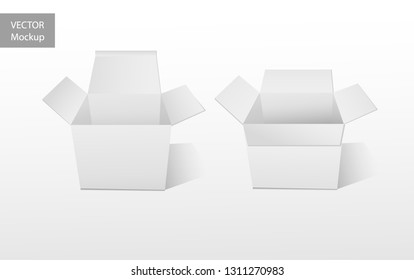 3D effect open paper boxes. White top view empty containers isolated on white. Realistic Vector illustration