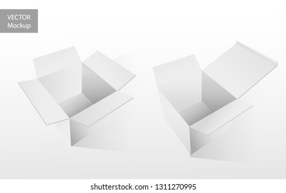 3D effect open paper boxes. White top view empty containers isolated on white. Realistic Vector illustration