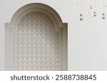 3D effect papercut style Islamic architecture window with lantern, ramadan background and Islamic celebration template with copy space.