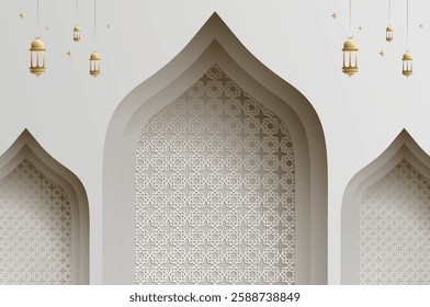 3D effect papercut style Islamic architecture window with lantern, ramadan background and Islamic celebration template with copy space.