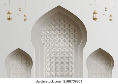 3D effect papercut style Islamic architecture window with lantern, ramadan background and Islamic celebration template with copy space.