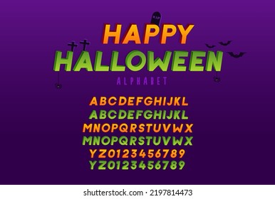 3d effect script font for halloween and spooky subjects. Unique creepy typeface alphabet and numbers in vector format in green and orange variations