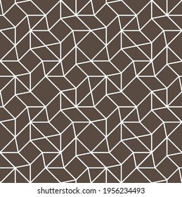 3d effect shapes in a repeating geometric pattern of white outlines against a dark brown background, contemporary vector illustration