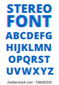 3d effect of stereoscopic alphabet. Filming glitch. Symbols and characters isolate on white background. Letter effect stereoscopic, alphabet stereo font. Vector illustration
