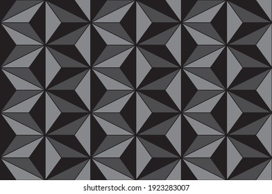 3d effect triangular shapes in a repeating pattern in black white and grey colors, geometric vector illustration