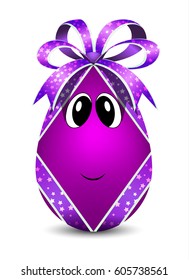 3d egg with a bow and ribbons. Easter cartoon purple character with eyes. Eastern gift for happiness. A beautiful symbol of peace, earth and life. Decorated eggshell.