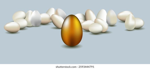 3D eggs, many white eggs and one golden one. Vector illustration eps10.