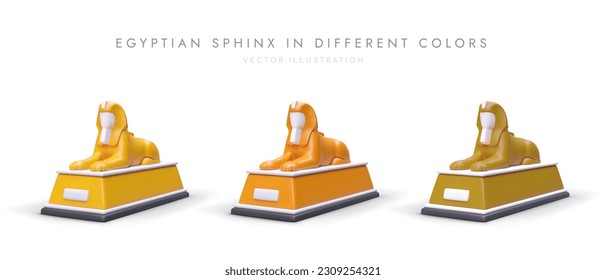 3D Egyptian Sphinx in different colors. Set of realistic images with shadows. Collection of icons on tourist theme. Symbol of Egypt, era of pharaohs. Statue of mystical creature