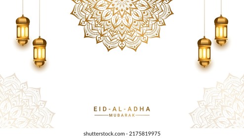 3d eid mubarak eid al adha fitr greeting card illustration with idul fitri ramadan lantern white islamic background.Translation "Muslim's festival of sacrifice or the day of slaughtering animals".