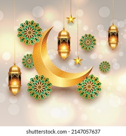 3d Eid Mubarak Eid Al Fitr Greeting Card Illustration With Idul Fitri Lantern And Crescent Moon 
Translation: 