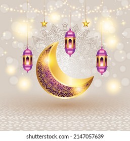 3d Eid Mubarak Eid Al Fitr Greeting Card Illustration With Idul Fitri Lantern And Crescent Moon 
Translation: 